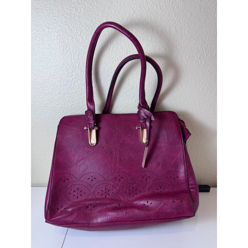 Laser Cut Satchel Handbag Women Medium Magenta Faux Leather‎ Boho Chic